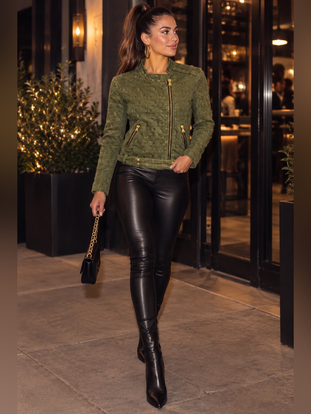 Zara Sz M Olive Green Textured Zip Moto Jacket